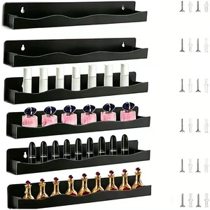 Set of 6 black wave-edge acrylic wall shelves for nail polish and cosmetics storage