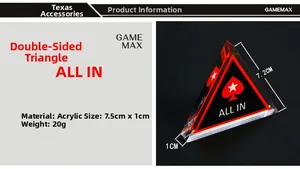 Detail of acrylic triangular ALL IN poker chip showing side profile and size dimensions