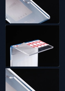 Detail of clear acrylic L-shaped sign holder featuring strong 3M adhesive backing base