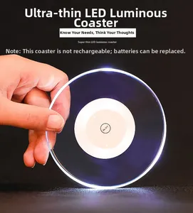 Detailed view of ultra-thin LED acrylic coaster showing the replaceable battery and switch