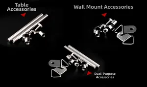 Close-up of stainless steel hardware kits for tabletop and wall mounting acrylic frames