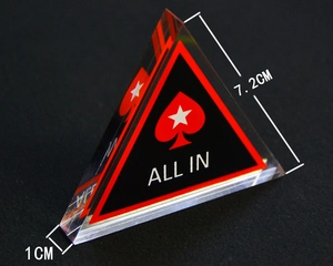 Detail of 1cm thick acrylic All In poker button chip with high gloss finish and graphics