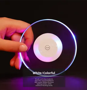 Macro view of ultra-thin acrylic LED coaster showing crystal texture and light mode switch