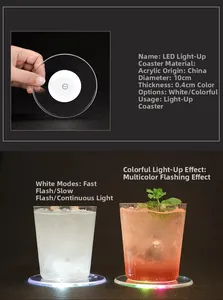 Macro detail of ultra-thin acrylic LED coaster showing 10cm diameter and light modes