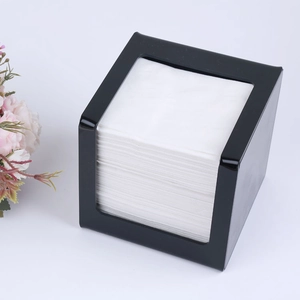 L-shaped black acrylic napkin holder with white tissue napkins in minimalist design