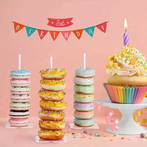 Lot de 4 supports à donuts en acrylique transparent à trois hauteurs pour buffet de fête