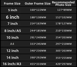 Detailed size guide chart for acrylic photo frames from 5 to 16 inches and A4 A3 sizes