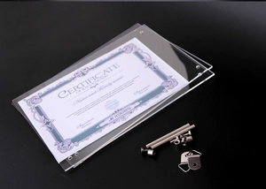 Exploded view of transparent acrylic frame panels with metal screw fixings and hooks