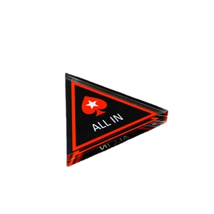 Double-sided acrylic poker ALL IN triangle chip with spade star logo on white background
