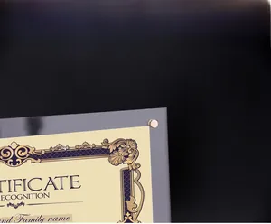 Detail of transparent acrylic certificate frame featuring polished gold metal screw fixings