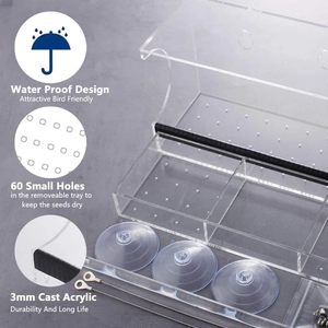 Hanging acrylic bird feeder with suction cups and 60 drainage holes for outdoor garden use