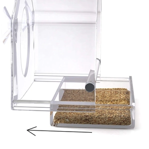 Hanging clear acrylic window bird feeder with a removable sliding feed tray