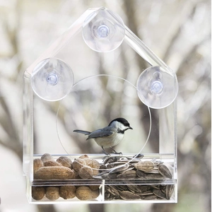Hanging window bird feeder in clear acrylic house shape with dual food trays and suction cups