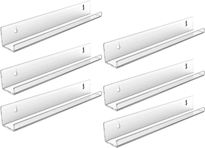 Detailed set of 6 clear acrylic vinyl record shelves with pre-drilled wall mounting holes