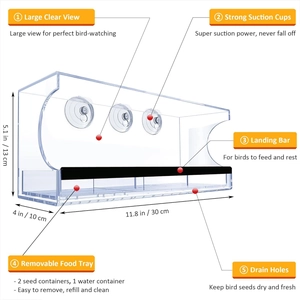 Window bird feeder with clear acrylic design, three suction cups and removable seed tray