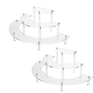 3 Tier Semi Circle Acrylic Display Stand Clear Cupcake Dessert Holder Makeup Organizer Rack With Stainless Steel Pillars