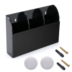 Black 3-slot acrylic wall-mount remote organizer with complete mounting hardware kit