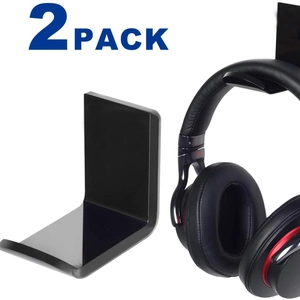 Universal 2-pack under-desk acrylic headphone hangers in black with sleek L-shaped design