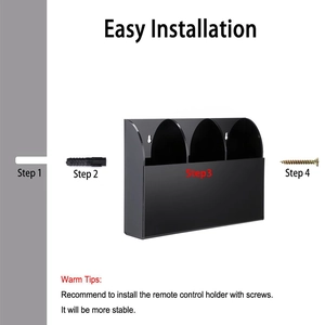 Black acrylic 3-slot wall-mounted remote control holder with screw installation steps