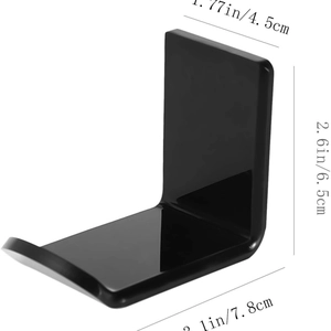 L-shaped black acrylic under-desk headphone hanger with minimalist adhesive design