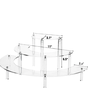 3-tier clear acrylic dessert and perfume display stand with dimensions shown in inches