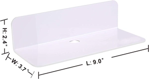 L-shaped white acrylic wall shelf dimensions 9.0x3.7x2.4 inches with cable hole detail