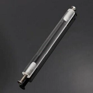Detail view of transparent acrylic support pillar with metal screw fittings for ice cream stand