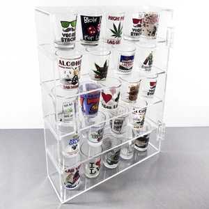 Clear acrylic multi-tier display case for shot glasses with hinged side opening door