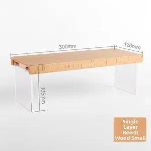 Detailed view of wood shelf with acrylic legs and dimensions 300x120x105mm