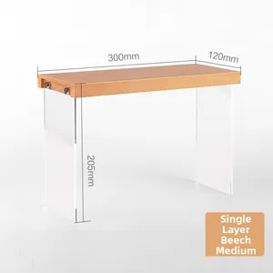 Detail view of medium acrylic and beech wood shelf with 300x120x205mm dimensions