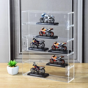 Detail of clear acrylic 4-tier display case with side-opening door and locking latch