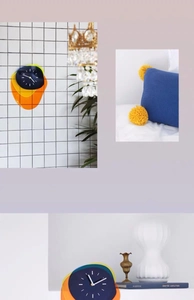 Detail view showing a modern acrylic wall clock in various home decor lifestyle scenes