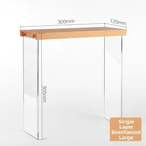 Detail view of large acrylic display stand with natural beech wood shelf 300x120x305mm