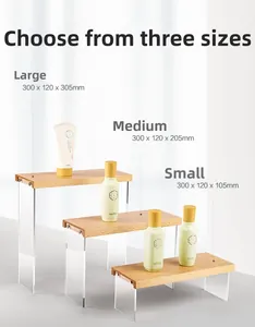 Three-tier wood and acrylic display stands in small, medium, and large sizes for skincare