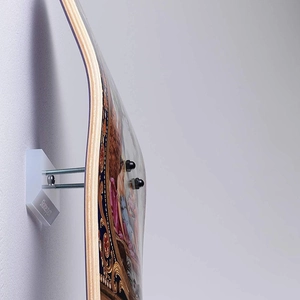 Wall mounted clear acrylic skateboard display rack with mounting bolts and nuts