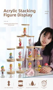 Stackable acrylic display case with wooden base for blind box figures and mini dolls