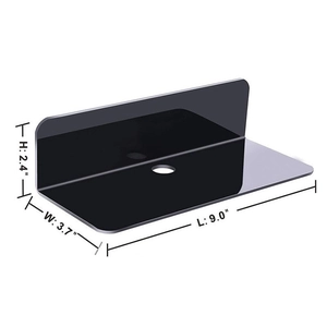Black acrylic floating wall shelf with cable hole, dimensions 9.0 x 3.7 x 2.4 inches