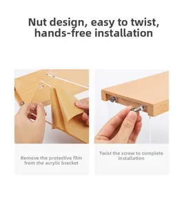 Detailed view of acrylic and wood shelf assembly showing screw fixing and film removal