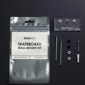 Clear acrylic skateboard wall mount kit with reinforced thermoplastic hardware and parts