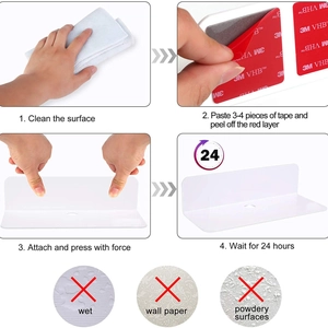 White acrylic floating shelf with 3M adhesive tape and step-by-step installation guide
