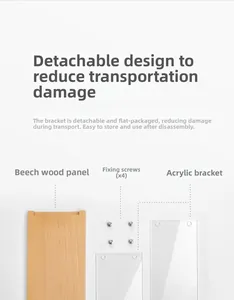 Exploded view of acrylic display stand with beech wood panel and screws for assembly