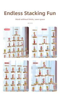 Stackable acrylic display cases for figurines with wooden bases in four layout styles