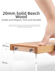 Detail of 20mm solid beech wood shelf with 5mm clear acrylic support and screw fixing