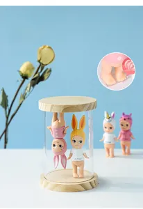Detail of wooden display case with dual-sided access for mini figures and dustproof cover
