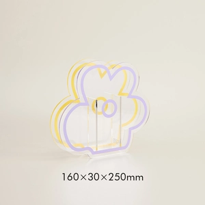 Detail of flower shaped acrylic vase with yellow and purple edges, size 160x30x250mm