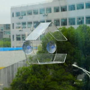 Close-up of clear acrylic window bird feeder with suction cups mounted on a glass surface