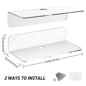 Set of 2 clear acrylic floating wall shelves with mounting hardware and dimensions