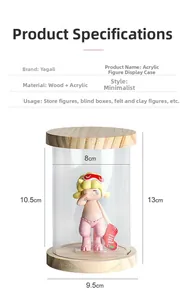 Macro detail of acrylic display case for blind box figures with wood base and dimensions