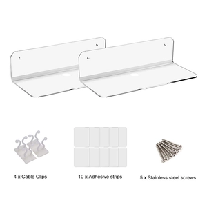 Set of 2 clear acrylic floating shelves with cable clips and mounting hardware kits