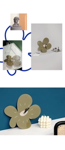 Detail view of olive green flower acrylic clock in various Nordic home decor settings